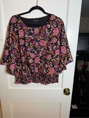 Sam & Jess Floral Smocked Hem Blouse - Black with Pink & Orange Floral size XL